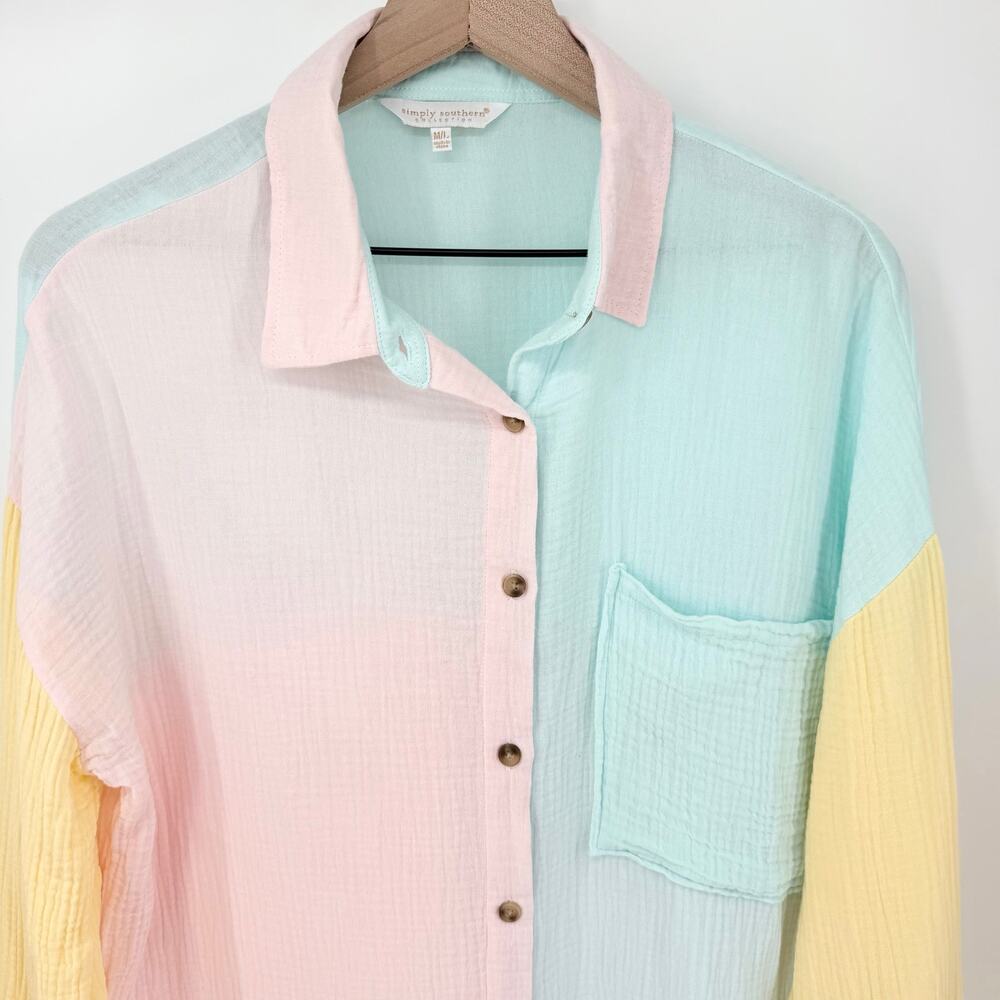 Simply Southern Pastel Colorblock Button Down Shirt 100% Cotton Size M/L Preppy - Picture 3 of 13